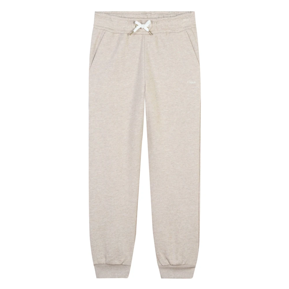 Chloé Girls Beige Sweatpants, 12 Y, Cotton Trousers With Logo Embroidery