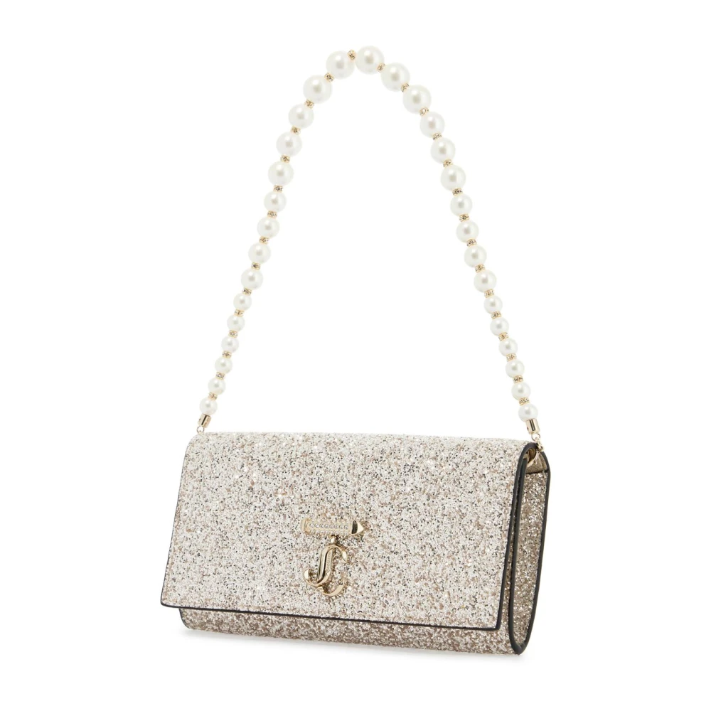 Jimmy Choo Glitter Zand Ketting Portemonnee met Witte Parels Beige Dames