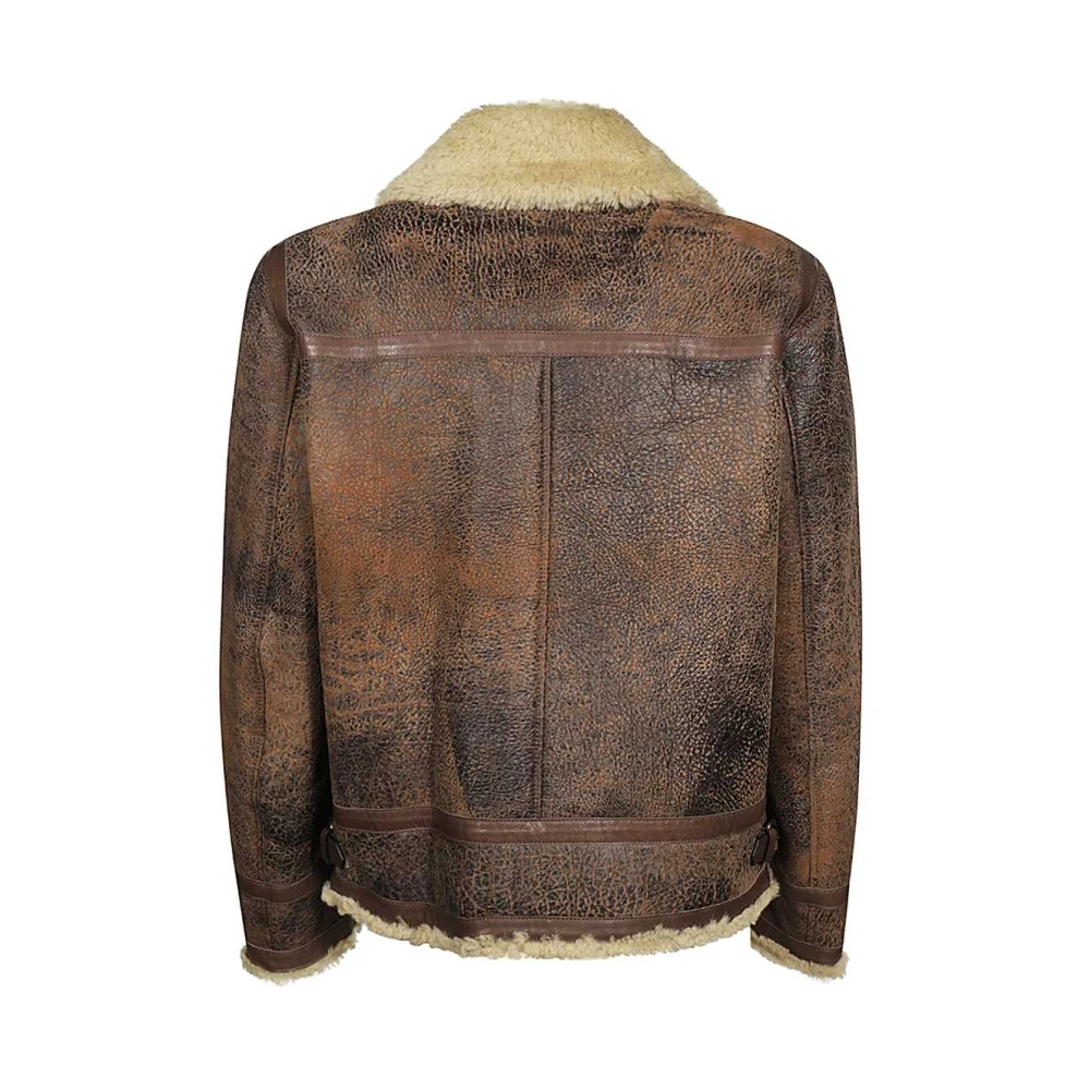 Dsquared2 Shearling Kraag Leren Jas Lamsvacht Brown Heren