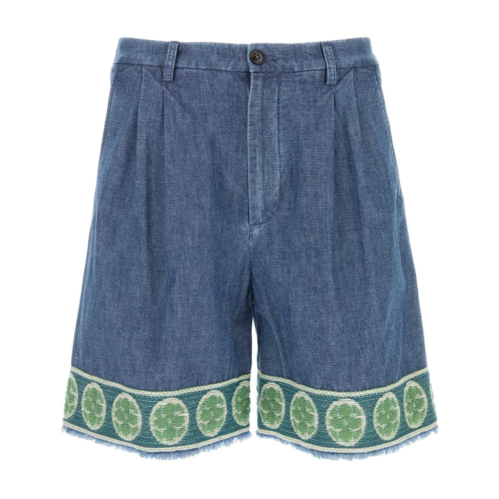 Valentino Garavani Men's Blue Denim Bermuda Shorts With Jacquard Hem - Denim Shorts - M - Shorts