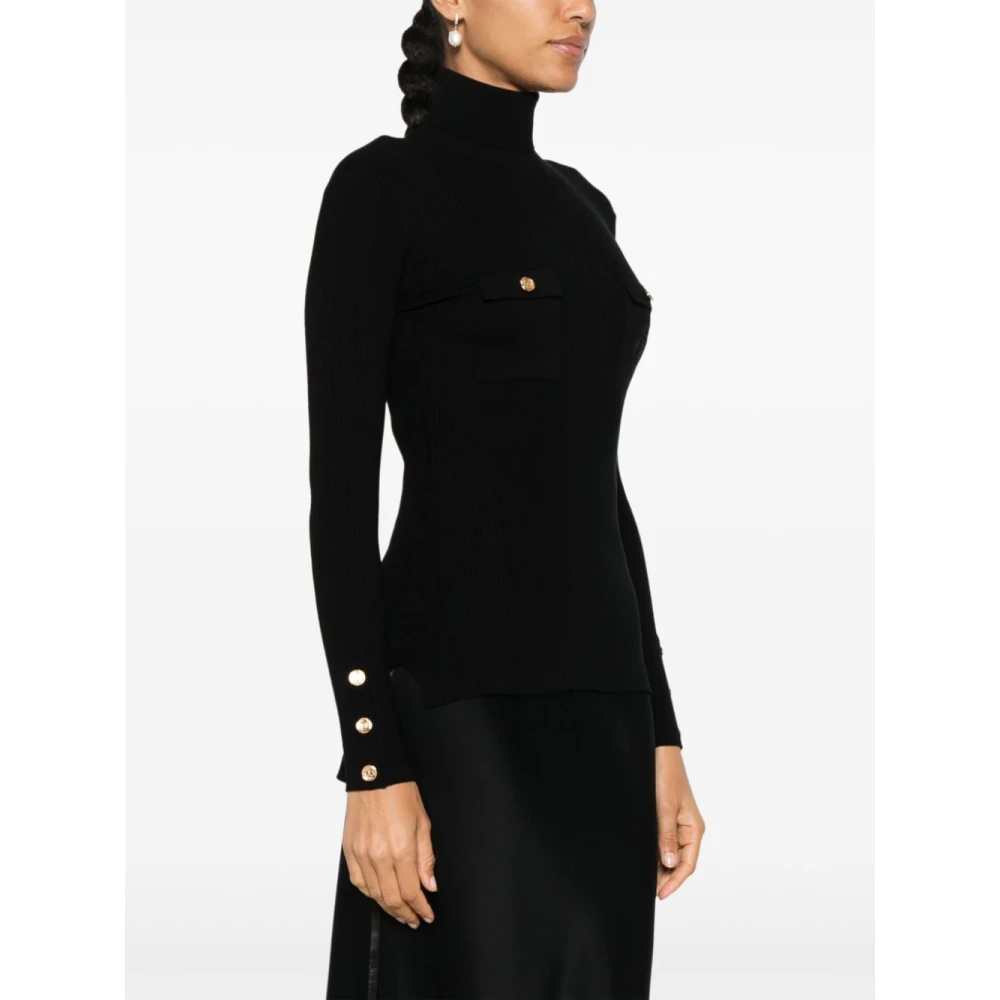 Elisabetta Franchi Zwarte Ribgebreide Trui met Hoge Kraag Black Dames