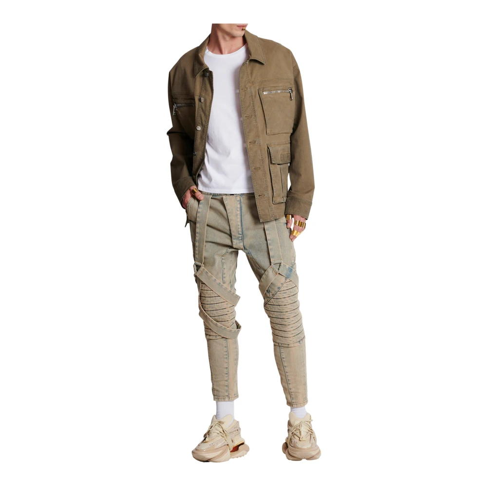 Balmain Multi-Strap Sandy Blue Denim Broek Gray Heren