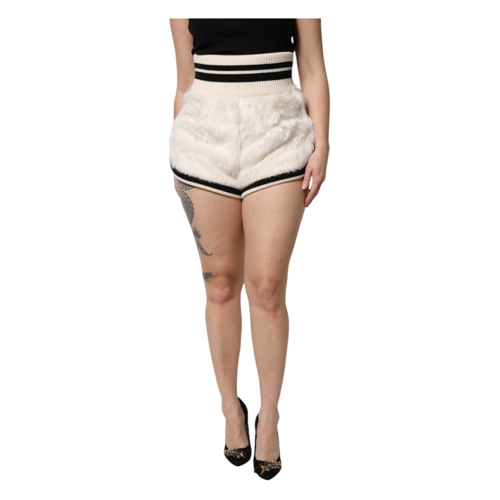 Dolce & Gabbana Women's White Short Shorts, 2XS, Faux Fur High Waisted Hot Trousers