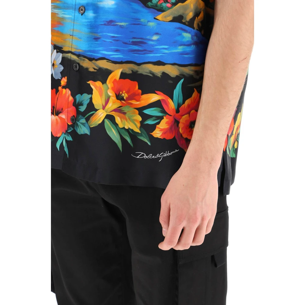 Dolce & Gabbana Korte mouwen zijden overhemd met Hawaii-print Multicolor Heren