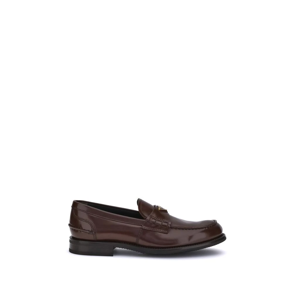 Prada Brown Enameled Triangular Plaque Leather Loafers - Male - Loafers - 7 Uk - Shoes