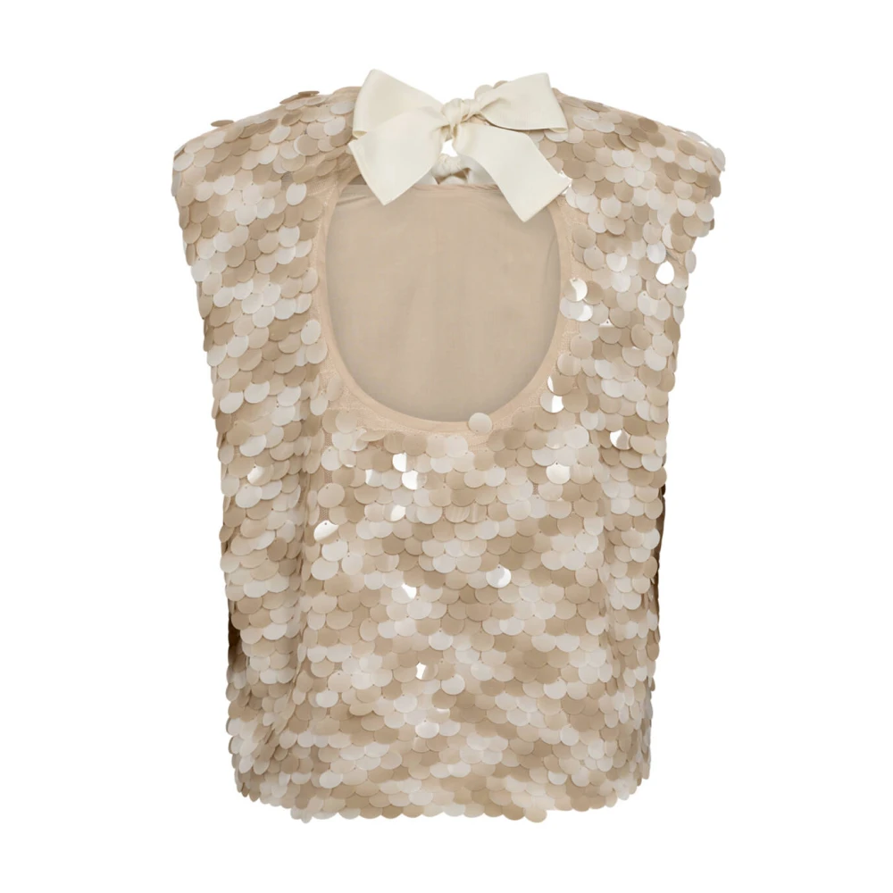 Co'Couture Sequin Bow Mouwloze Top Beige Dames