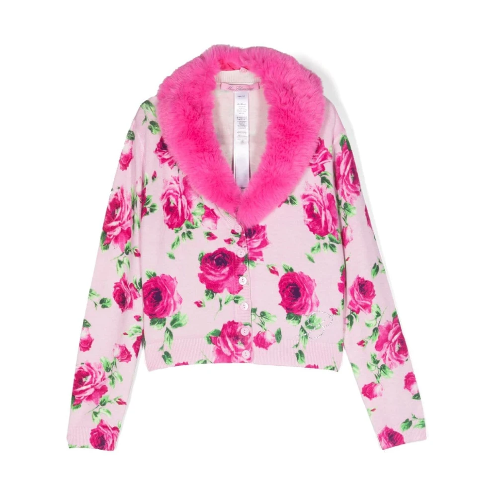 Blumarine Blommig Intarsia-Strikkardigan med Fuskpälskrage Pink, Flicka