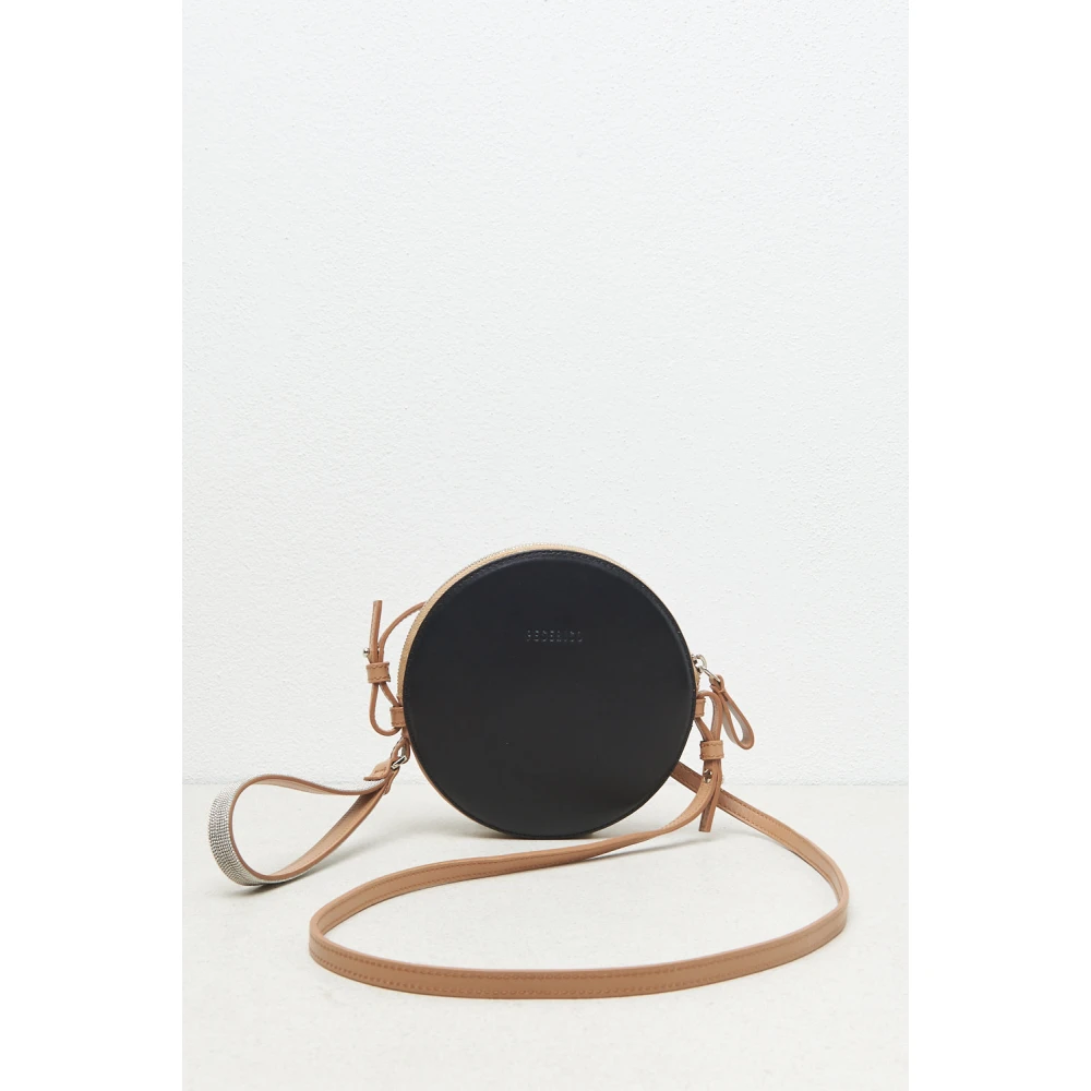PESERICO Ronde echte leren tas met polsband en schouderband Black Dames