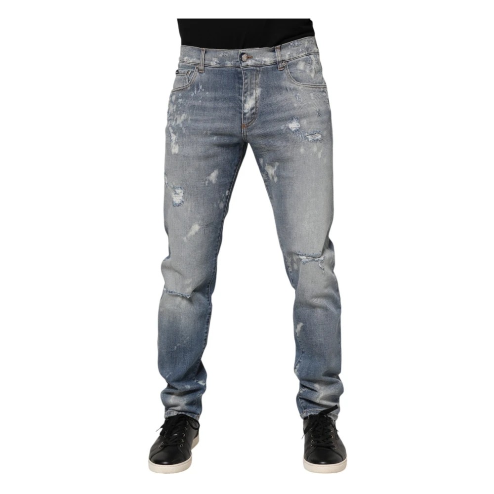 Dolce & Gabbana Men's Blue Cotton Slim Fit Tattered Jeans