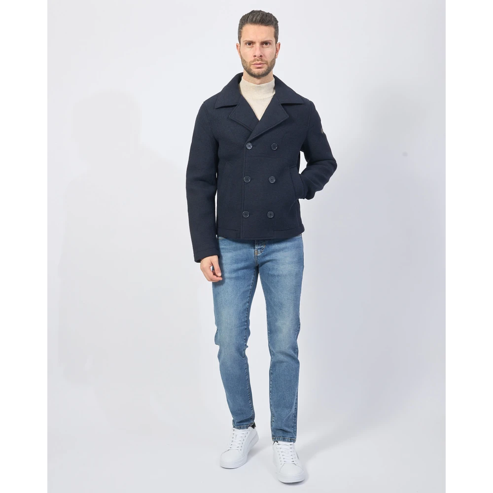 YES ZEE Blauwe Wollen Blend Double-Breasted Jas Blue Heren