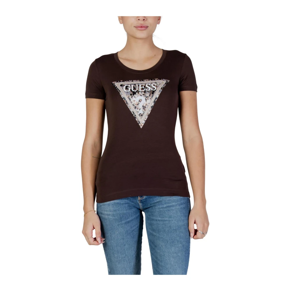 Guess Women's Brown Printed Round Neck Short Sleeve T-Shirt