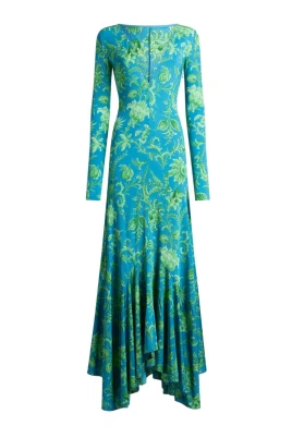 Lång Stretch Jersey Klänning med Blommotiv