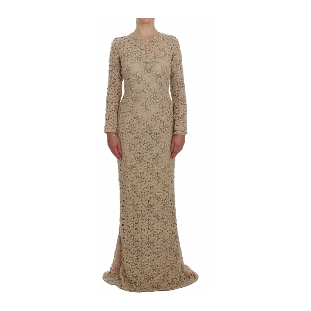 Dolce & Gabbana Donna Beige Abito Lungo In Pizzo Floreale
