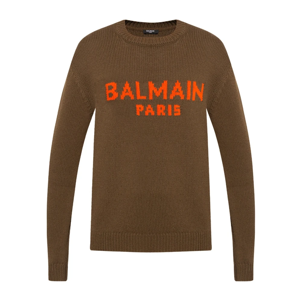 Balmain Brown Logo Wool Jumper Crew Neck Men - Male - Round-Neck Knitwear - Xl - Knitwear