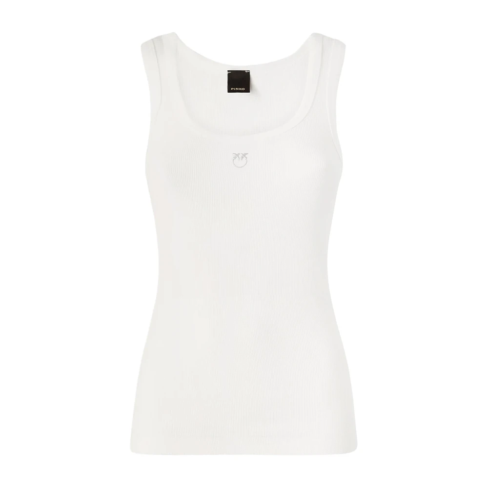 Pinko Women's White Sleeveless Tops, S, Ribbed Tank Top With Logo