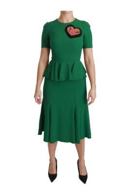 Grön Heart Patch Peplum Klänning