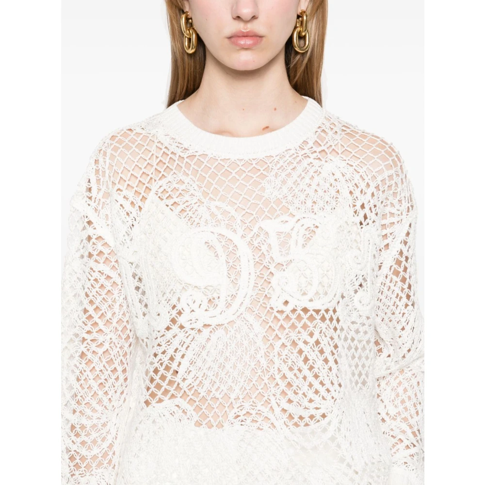 Max Mara Witte Geribbelde Trui Ronde Hals Lange Mouwen White Dames