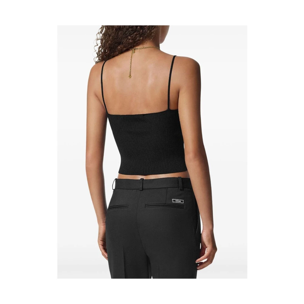 Versace Zwarte Geribbelde Gebreide V-hals Top Black Dames