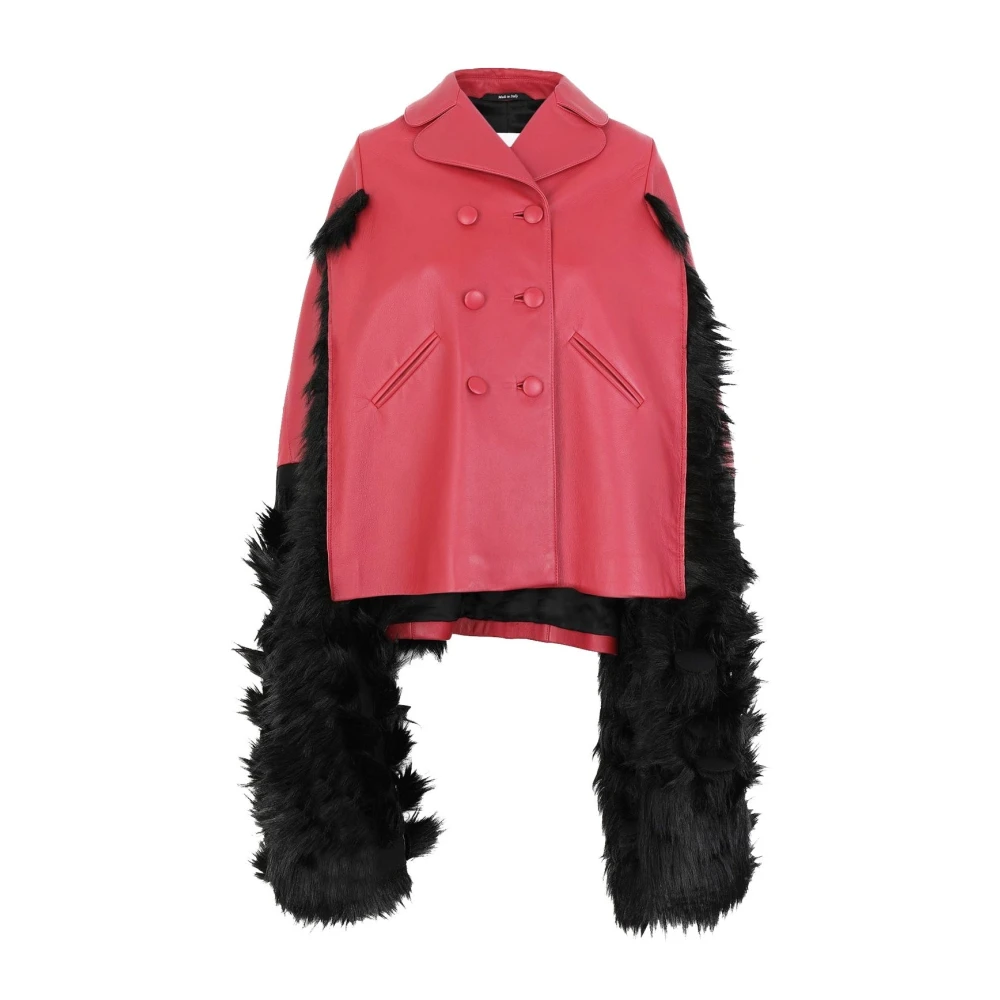 Leather Cape Jacket with Faux Fur Trim