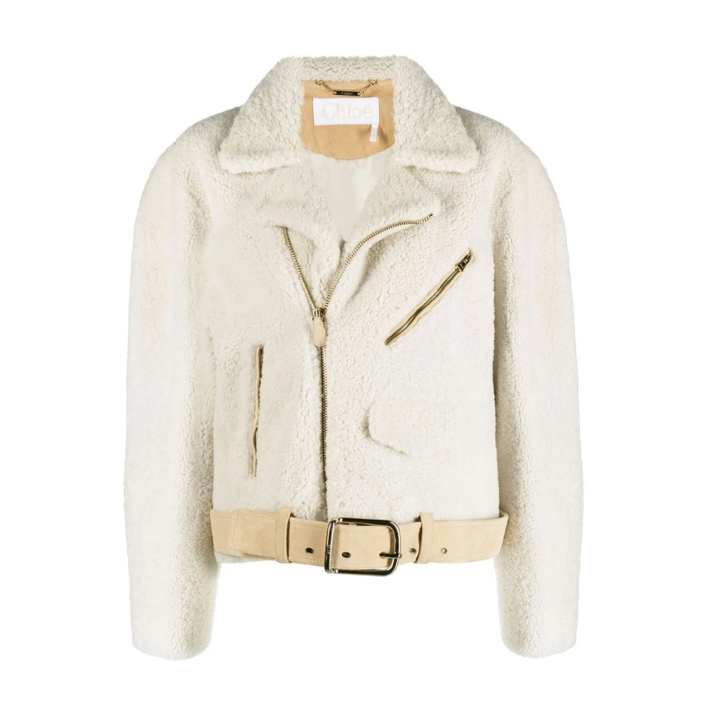 Chloé , Faux Fur & Shearling Jackets, Female, Beige, M, Faux Fur Jacket With Leather Details