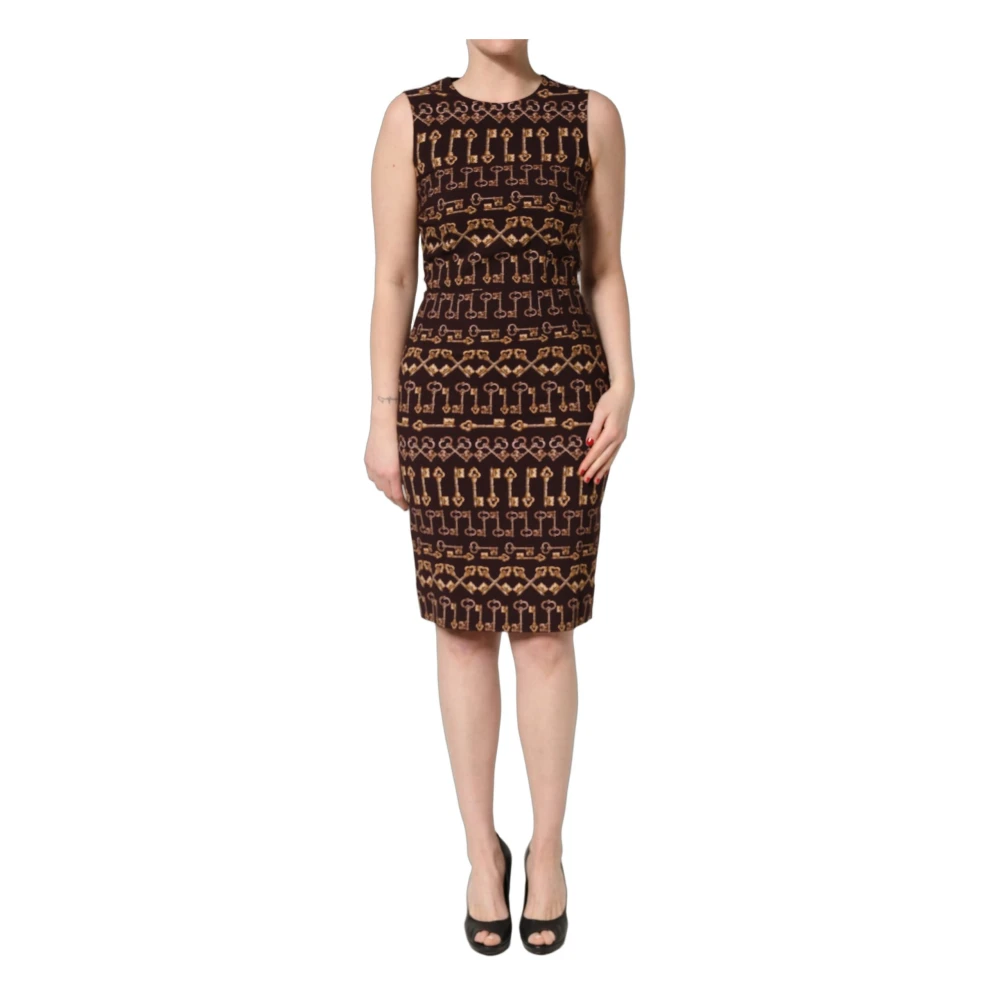 Dolce & Gabbana , Midi Dresses, Female, Brown, M, Key Print Sleeveless Sheath Dress