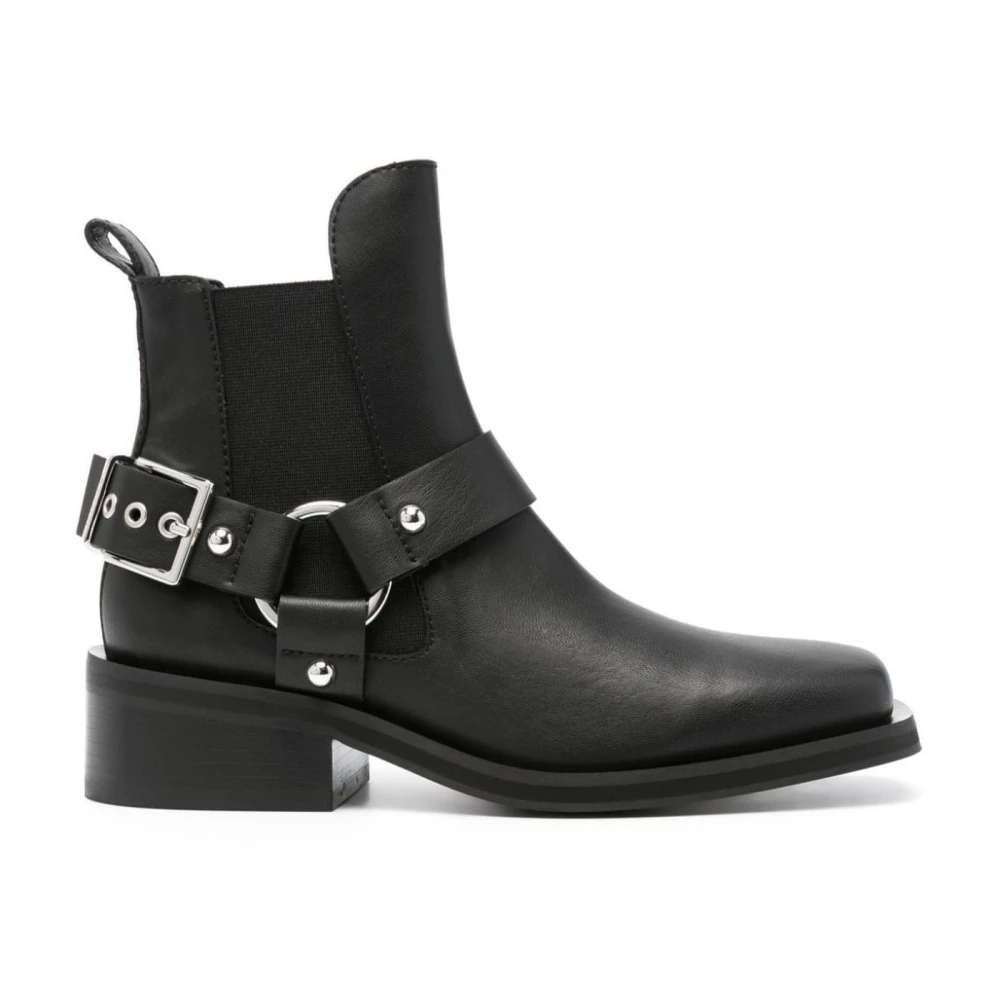 Ganni Women's Black Cowboy & Biker Boots, 3 Uk, Harness Detail Leather Chelsea Boots