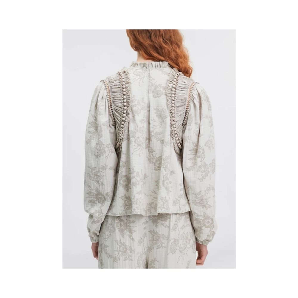 Mes Demoiselles Bloemenkatoenen overhemd met kraaldetail Beige Dames