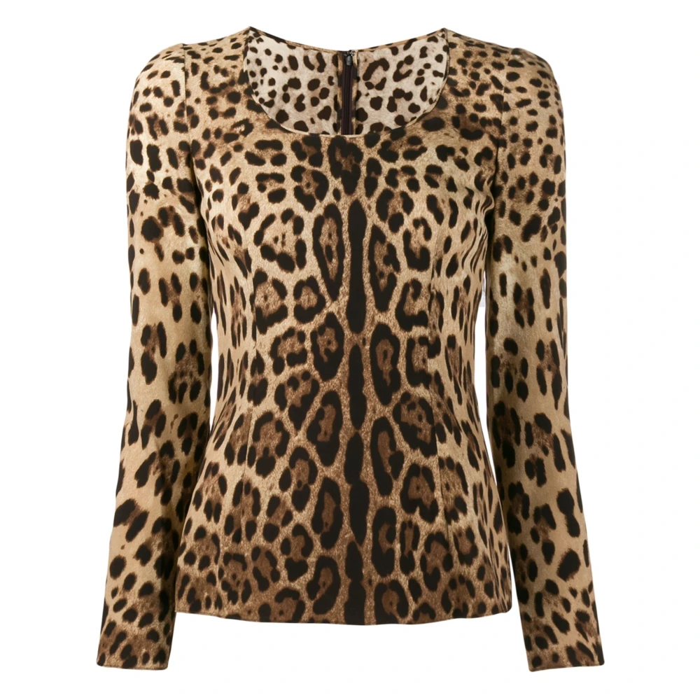 Dolce & Gabbana Luipaardprint Zijden Top Ronde Hals Brown Dames