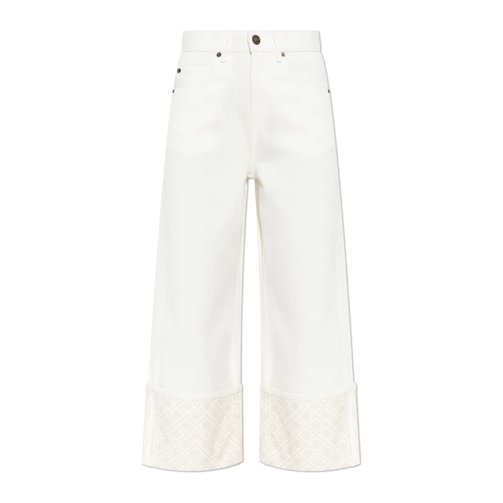 Tory Burch Women's White Contrast-Cuff Straight-Leg Jeans