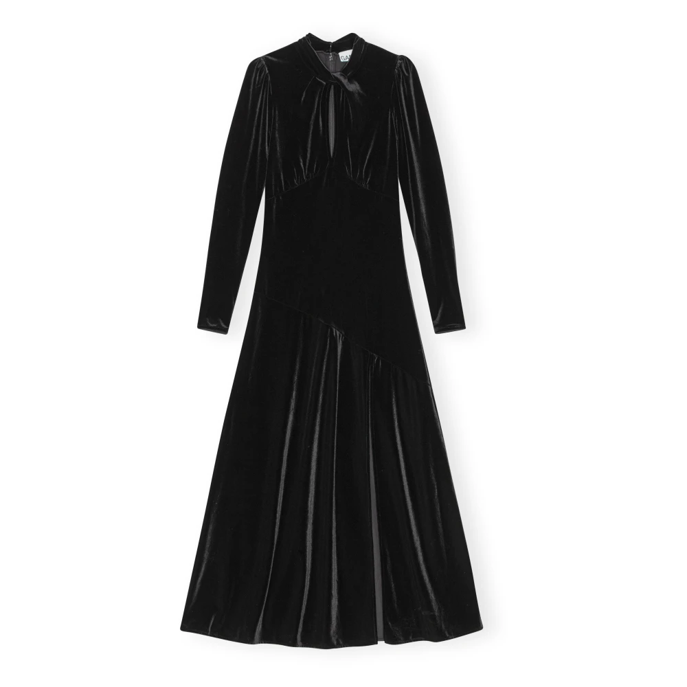 Ganni Velvet Jersey Gathered Lange Jurk Black Dames