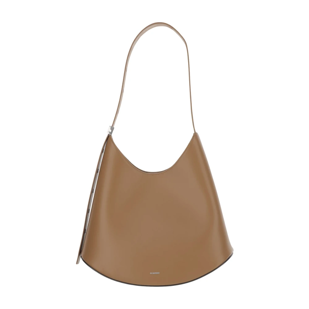 Jil Sander Women's Brown Curved Leather Shoulder Bag Magnetic Closure