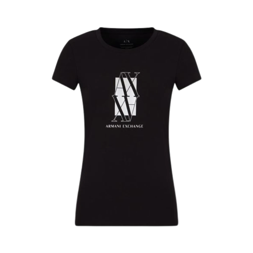 Armani Exchange Women's Black T-Shirts, S, Cotton Round Neck T-Shirt With Logo
