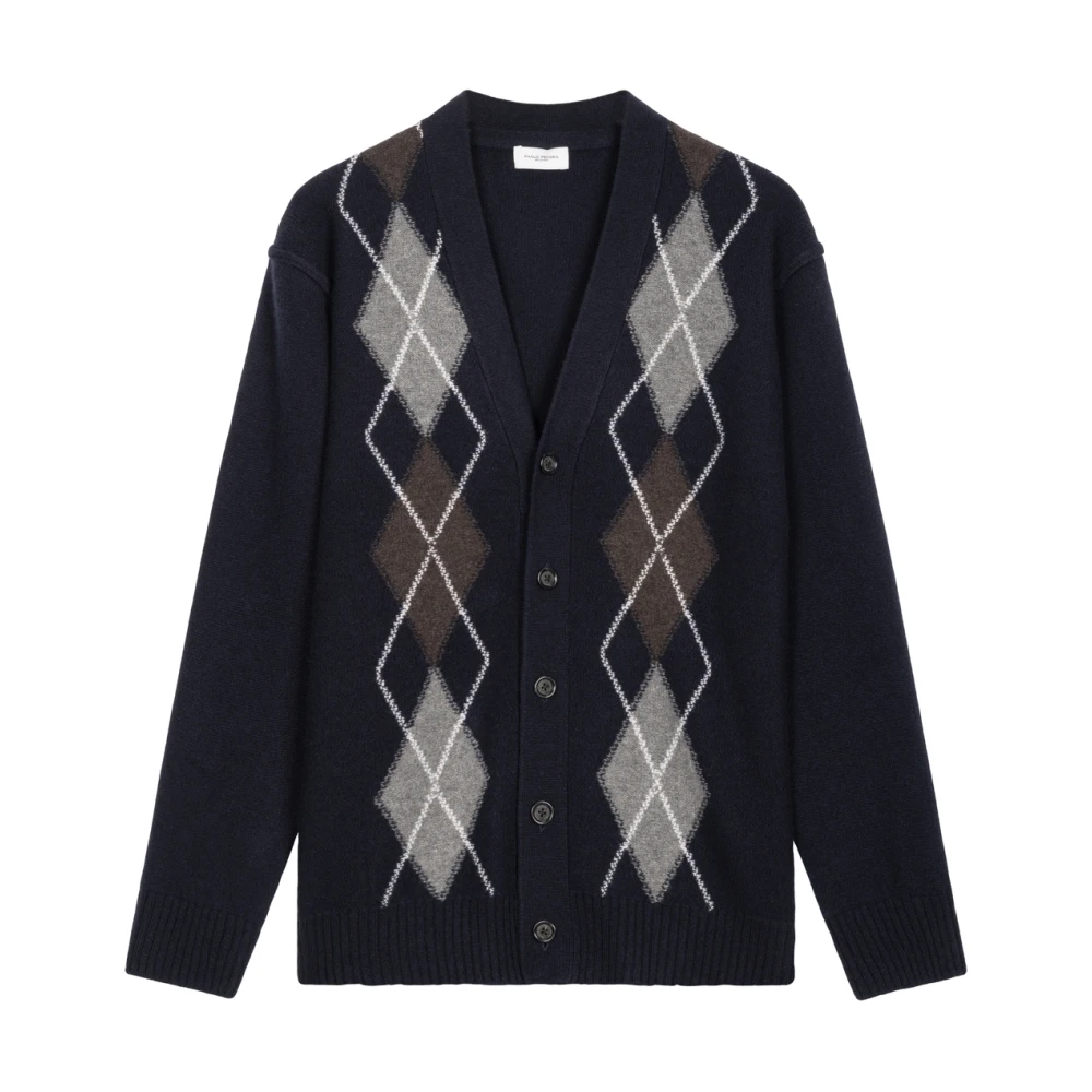 Paolo Pecora Men's Blue Cardigans, M, Classic Argyle Knitwear Cardigan