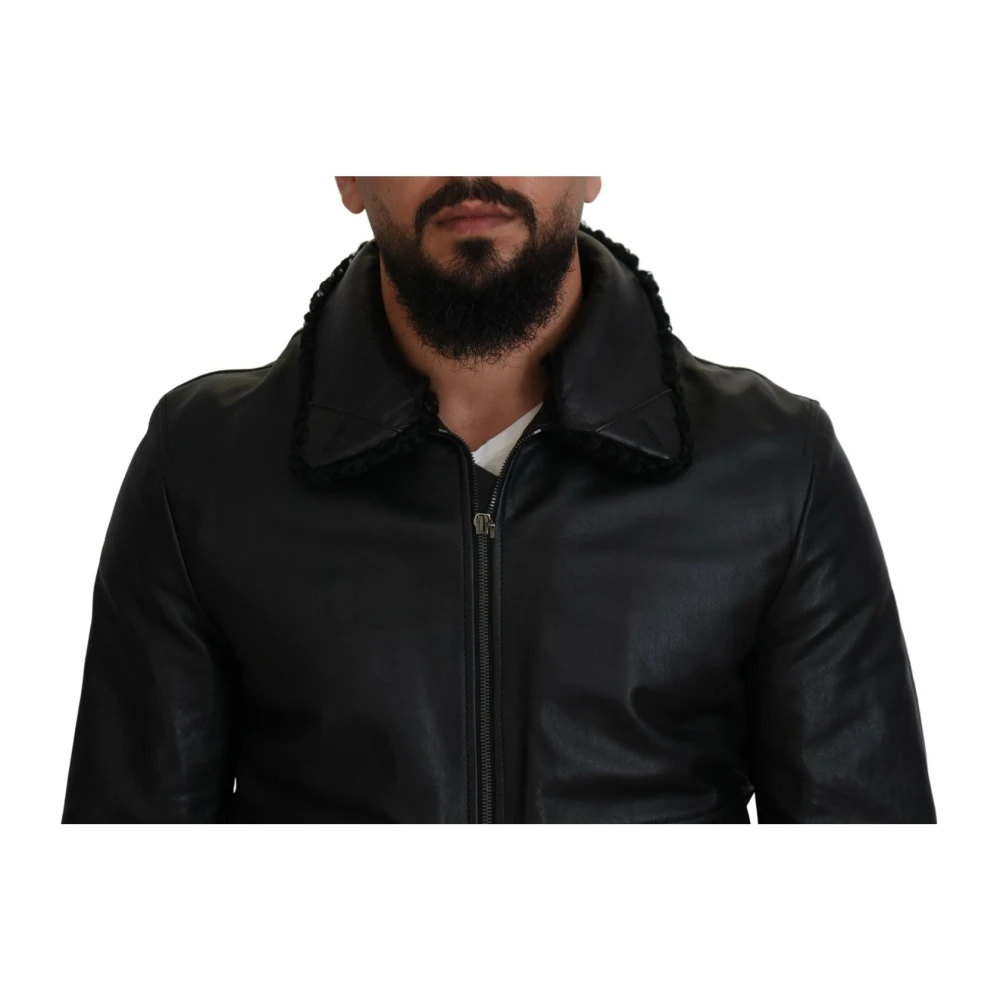 Dolce & Gabbana Zwarte leren bomberjack met shearling kraag Black Heren
