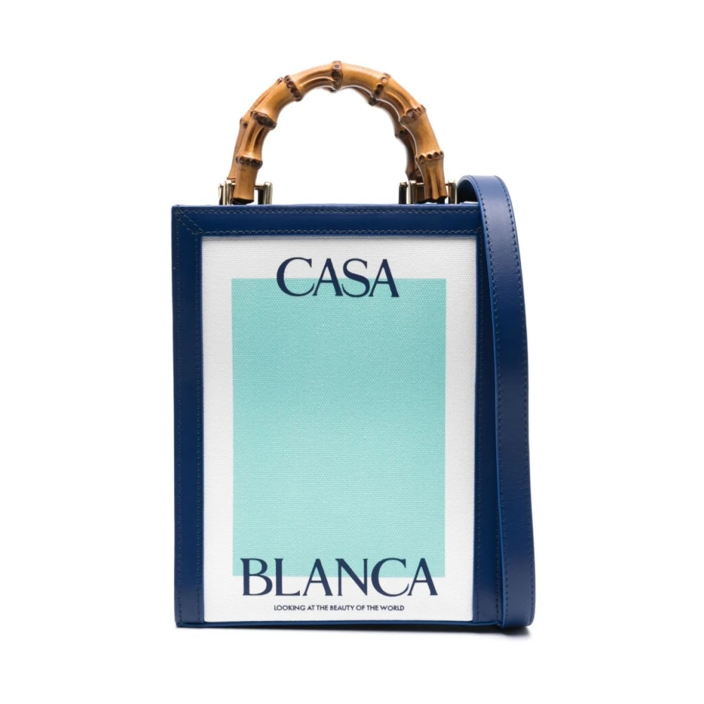 Casablanca Blauw Witte Canvas Tas met Leren Afwerking en Bamboe Handvatten Blue Dames