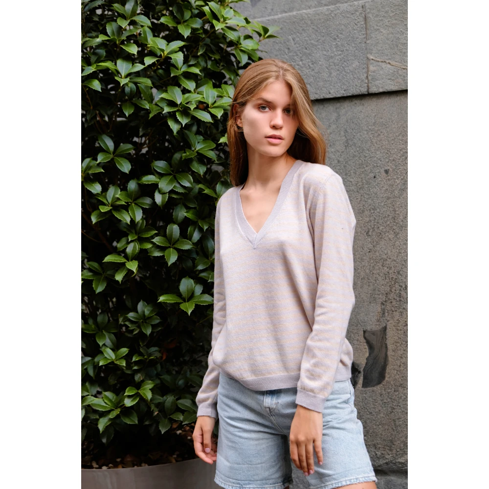 American Dreams Gestreepte V-hals Kasjmier Trui Gray Dames