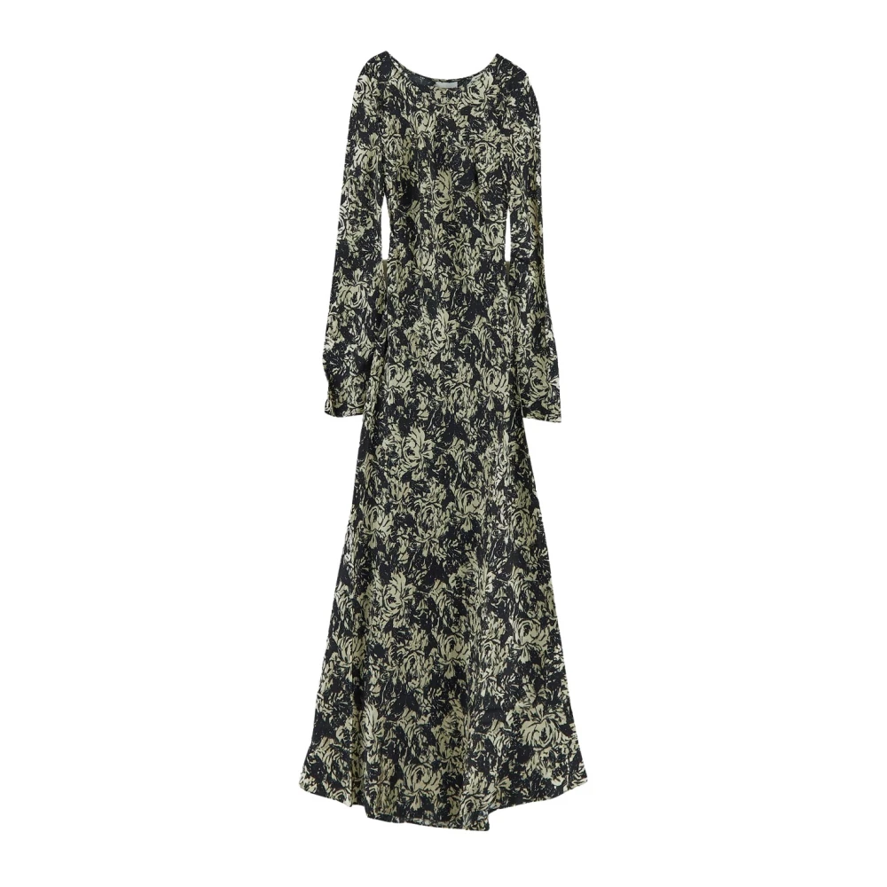 Ganni Zwarte Bloemen Satijnen Lange Jurk Multicolor Dames