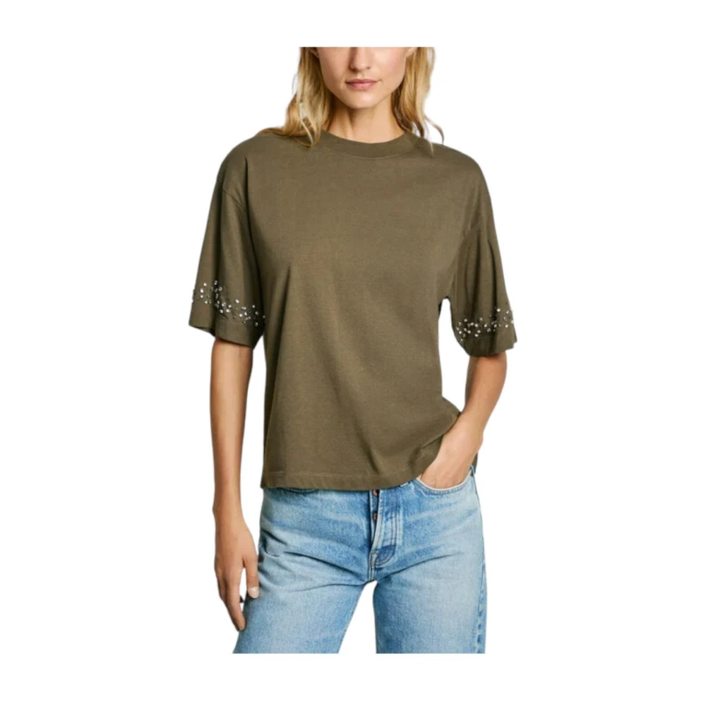 Pepe Jeans Women's Green T-Shirts, Xs, Marl T-Shirt With Rhinestones