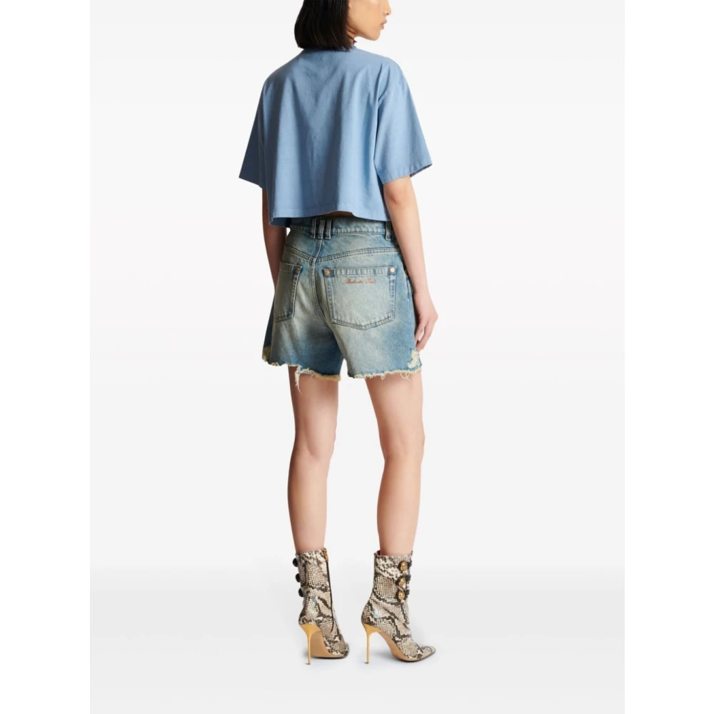 Balmain Denim Shorts met Geborduurd Logo Blue Dames