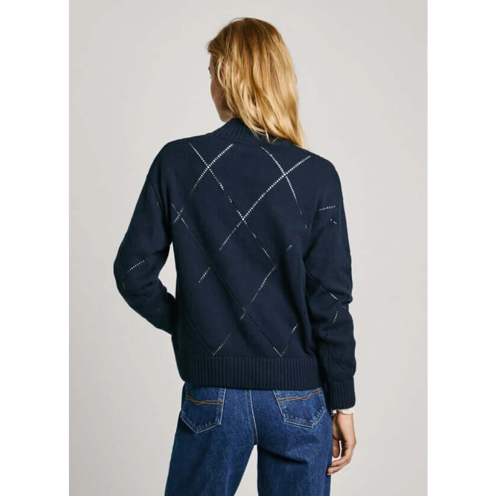 Pepe Jeans Gebreide Wollen Blend Diamantpatroon Trui Blue Dames