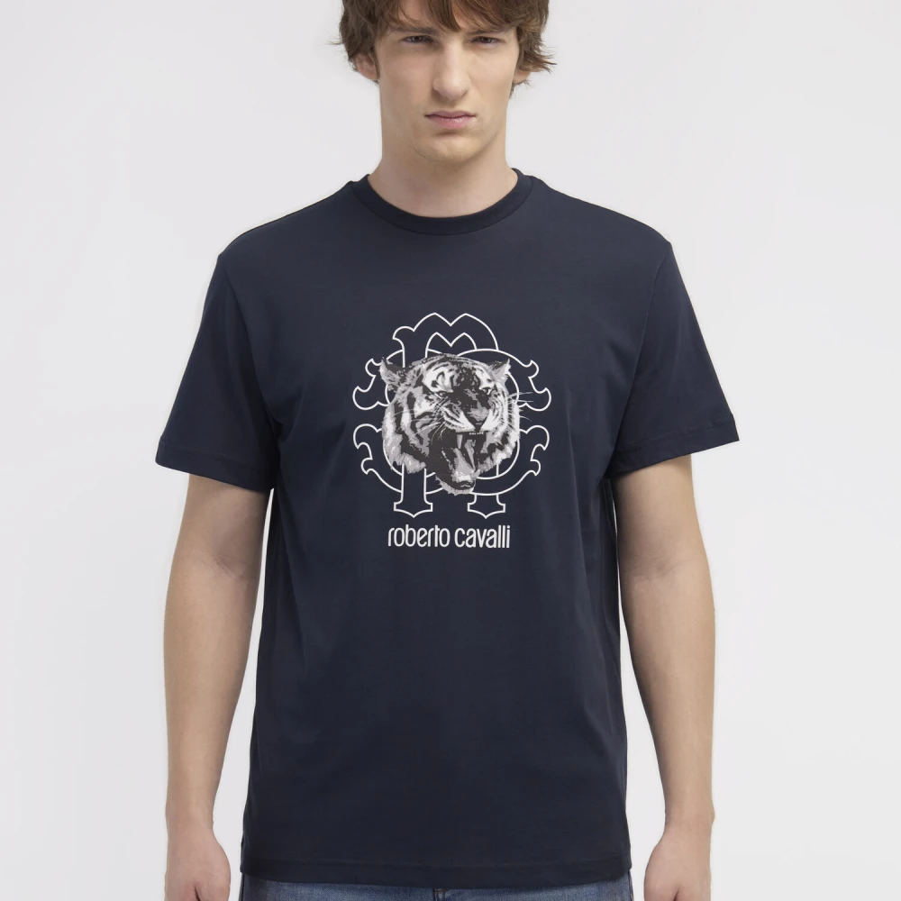 Roberto Cavalli T-shirt met Jaguar-logo en print Blue Heren