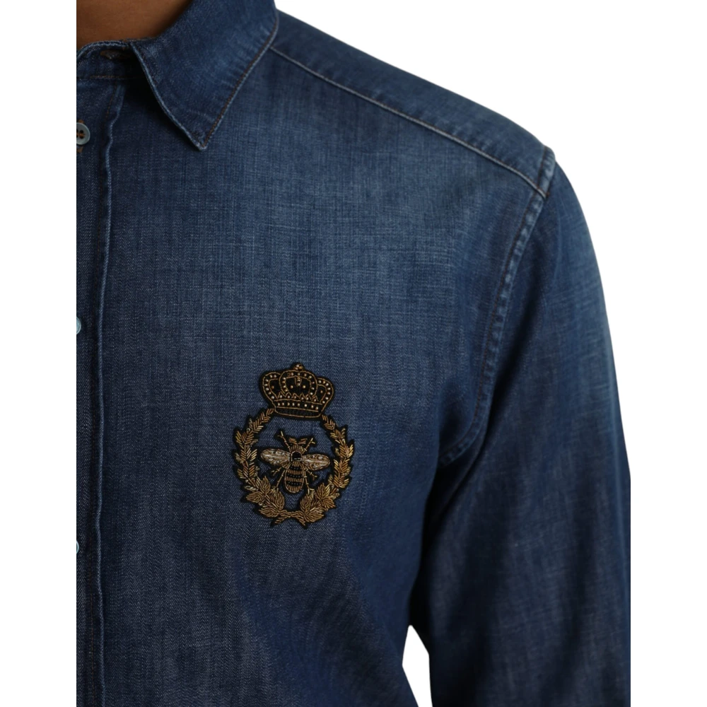 Dolce & Gabbana Blauw Kroon Bij Denim Shirt Blue Heren