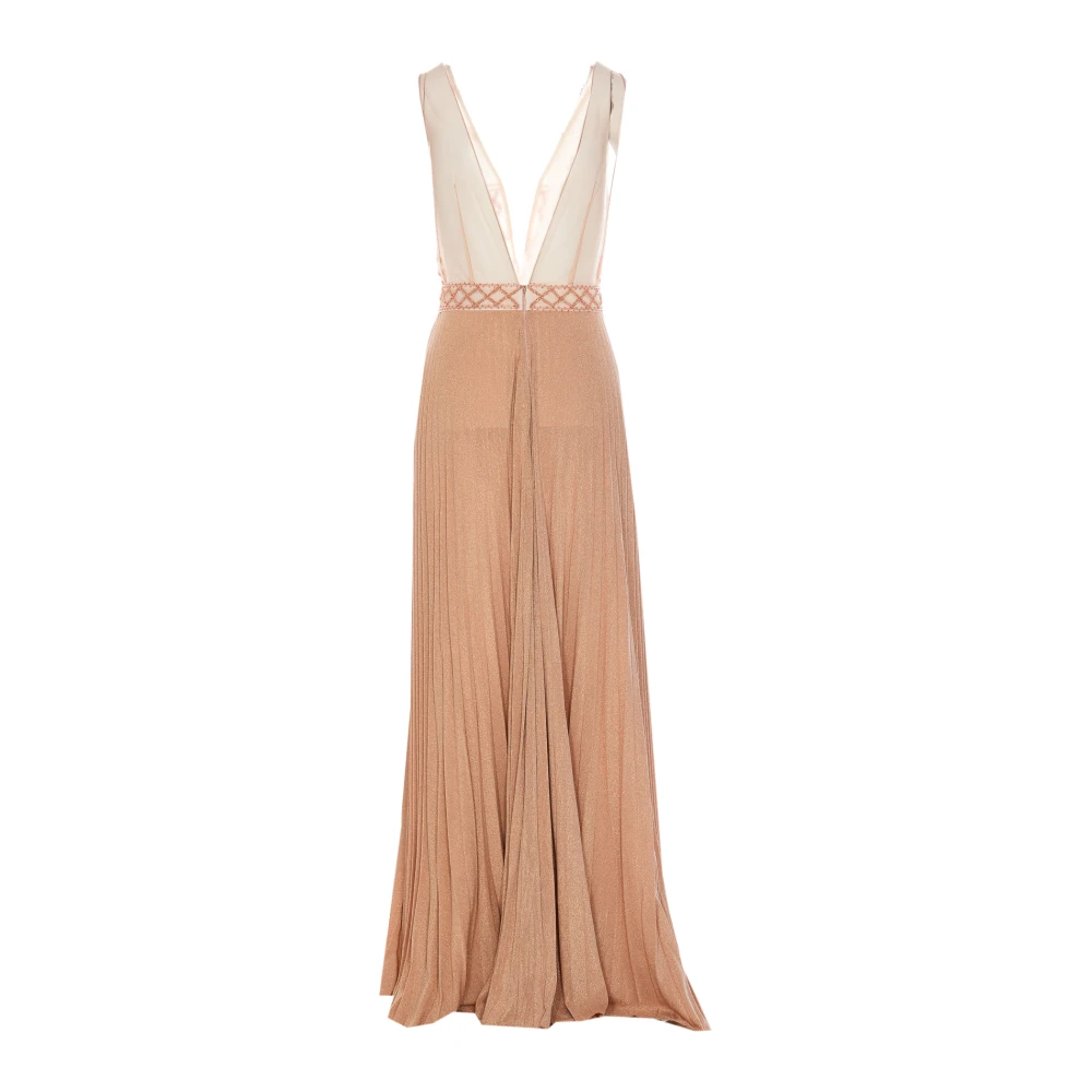 Elisabetta Franchi Beige Maxi Jurk met Tule en Kralen Detail Beige Dames