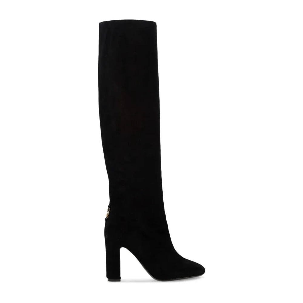 Dolce & Gabbana Damen Schwarz Wildleder Overknee-Stiefel Mit Verziertem Absatz