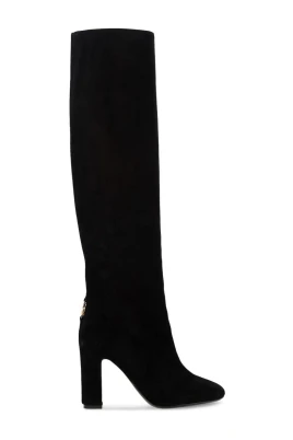 Suede Knee-High Boots with Embellished Heel