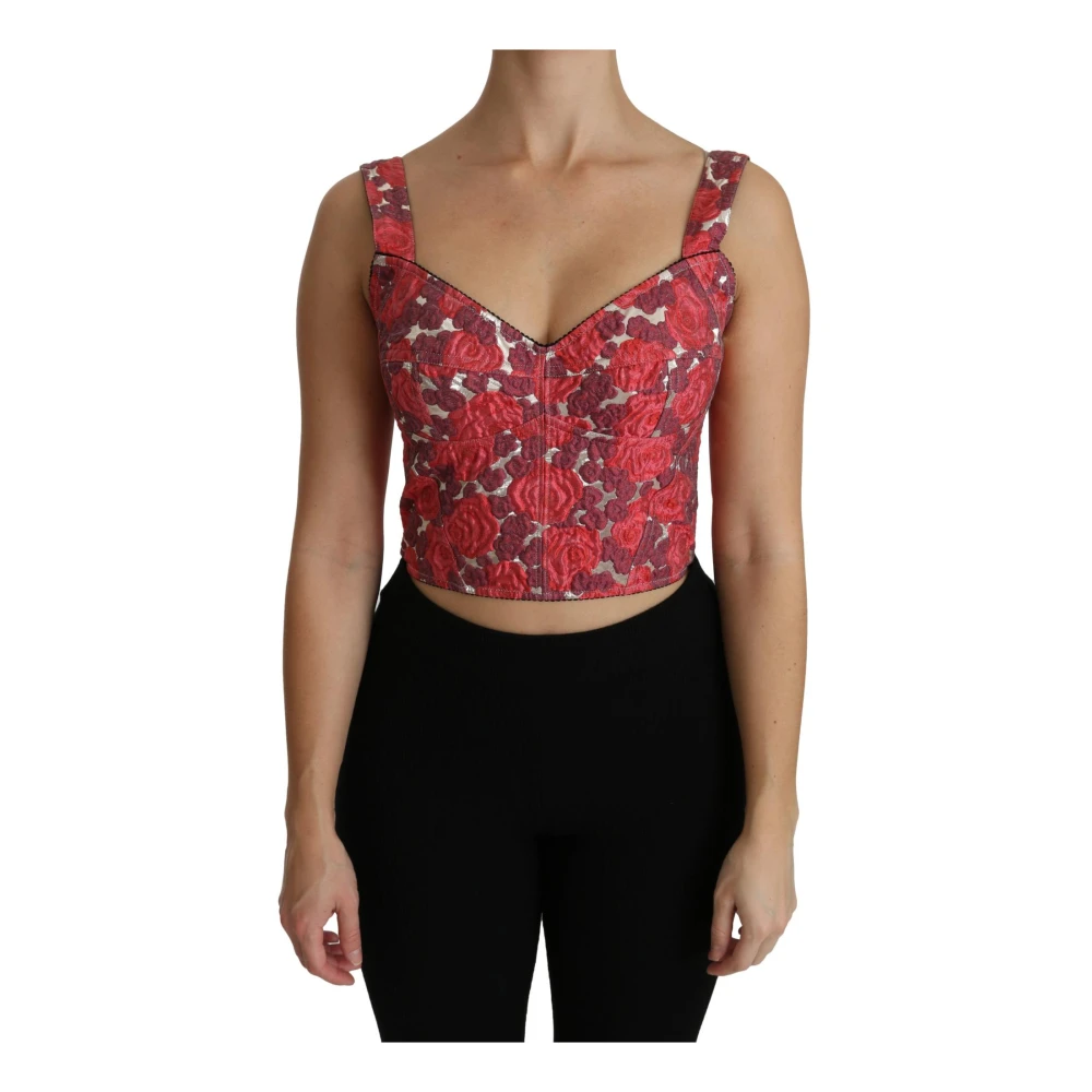 Rosa Blomstrete Brokade Kort Bluse Tank Top