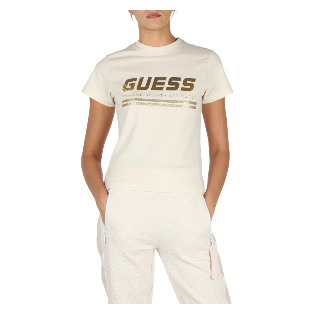 Guess Reflecterend Logo Katoenen T-shirt Beige Dames