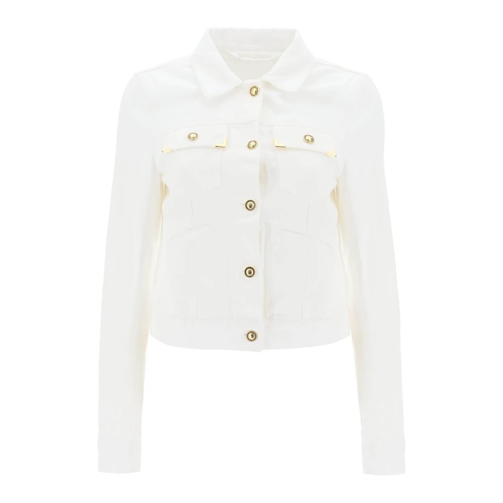 Palm Angels Kort Jeansjacka med Guldtonade Metallkanter White, Dam