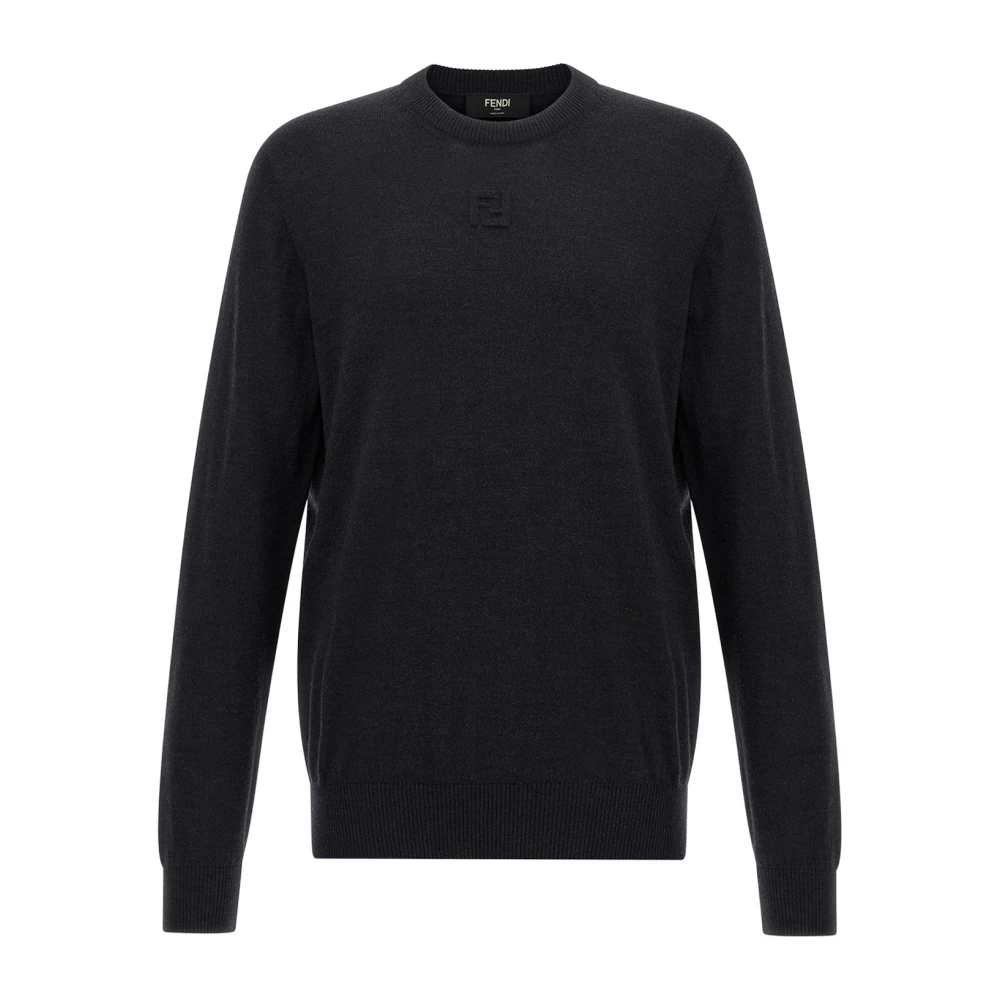 Fendi Mannelijk Blauw Ribgebreide Trui Met Ronde Hals