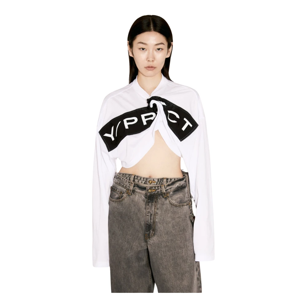 Y Project Twisted Logo Print Crop T-Shirt White Dames